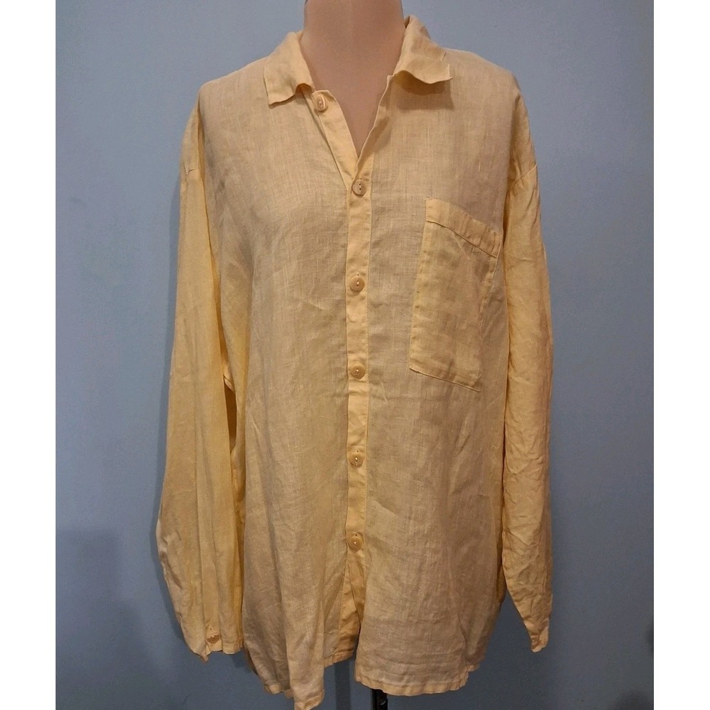 Flax Jeanne Engelhart Womens Shirt S Button‎ Yellow Linen Lagenlook Oversized